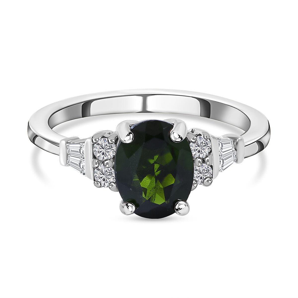 Natural Chrome Diopside and Natural Zircon Ring in Rhodium Overlay Sterling Silver 2.40 Ct