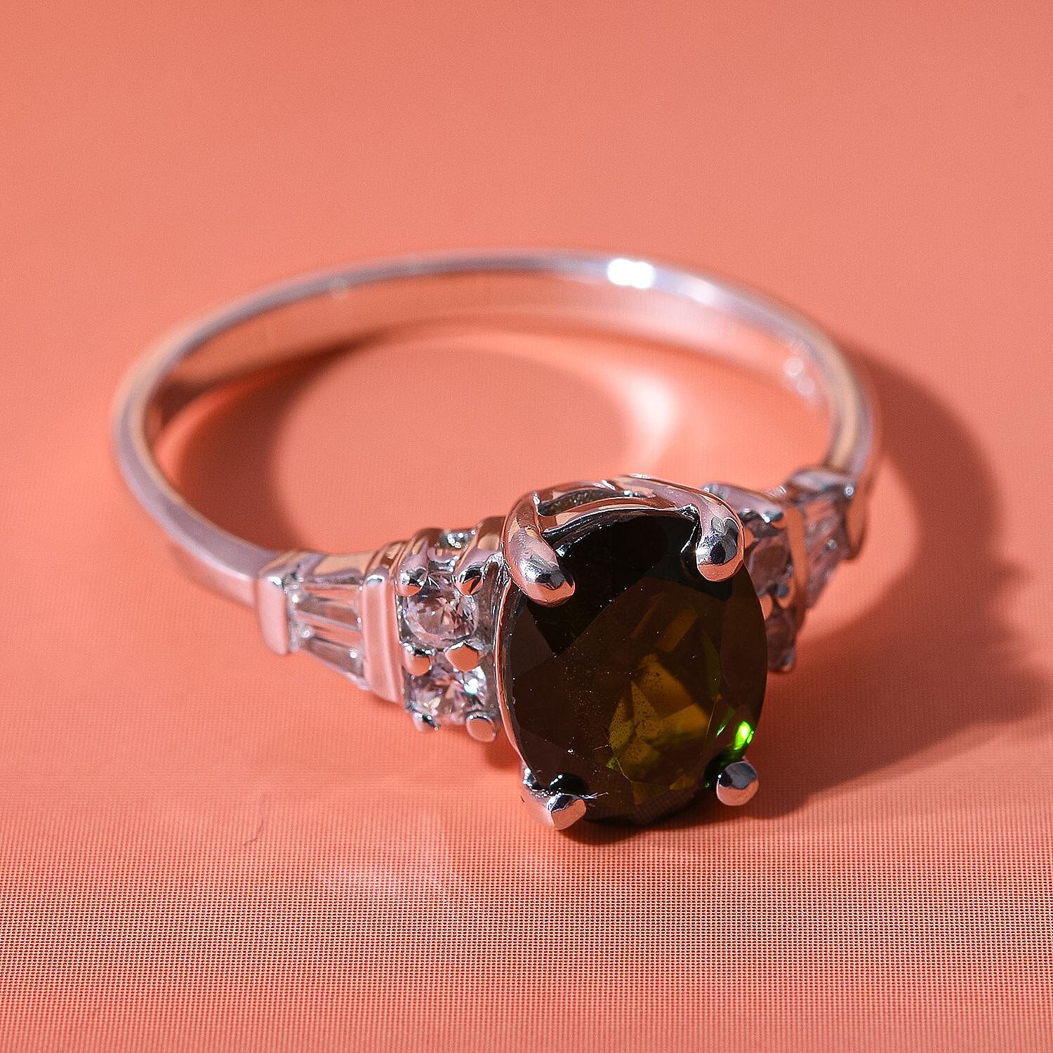Natural Chrome Diopside and Natural Zircon Ring in Rhodium Overlay Sterling Silver 2.40 Ct