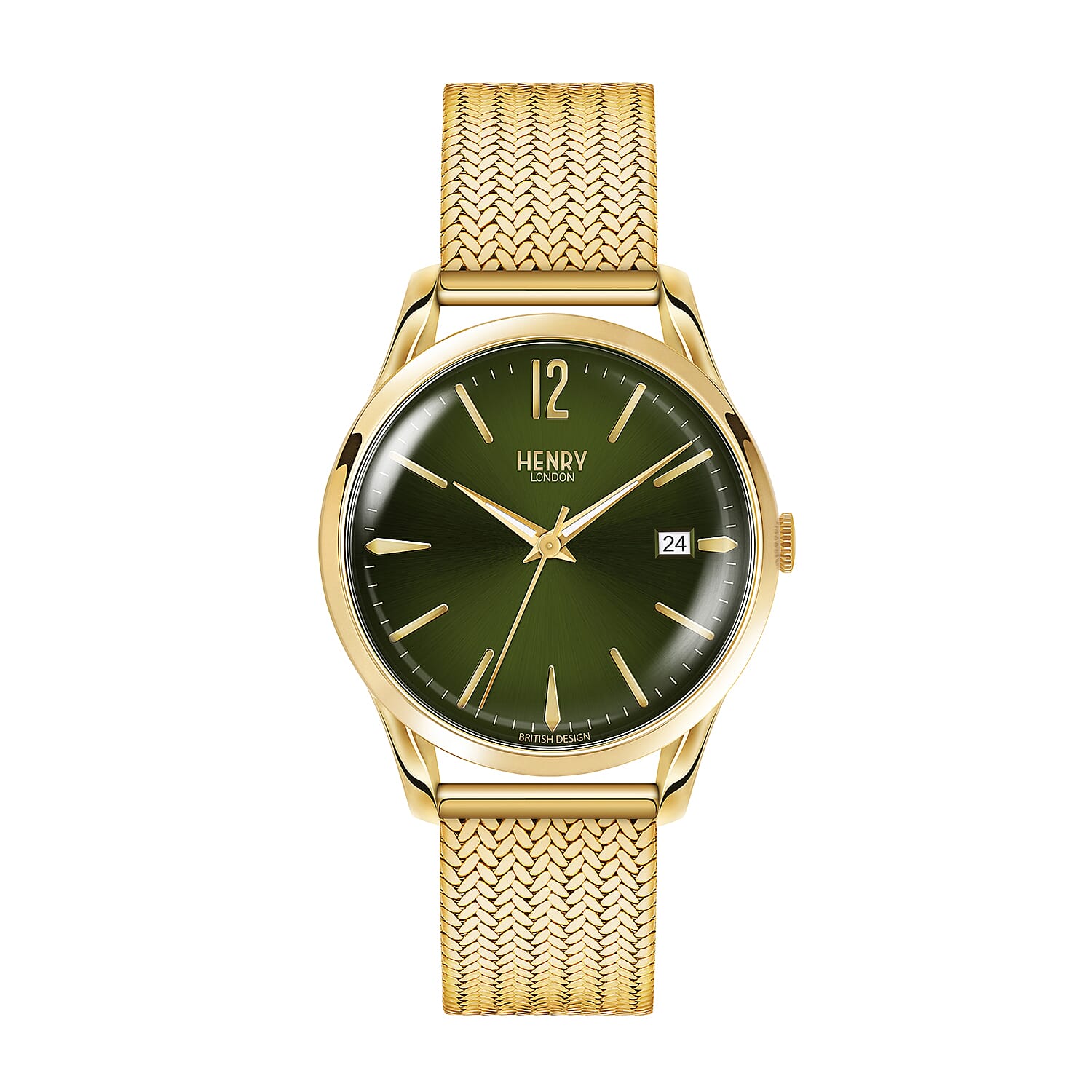 Henry London Chiswick Ladies Pale Hamilton Green Dial Mesh Bracelet Watch in Yellow Gold Tone