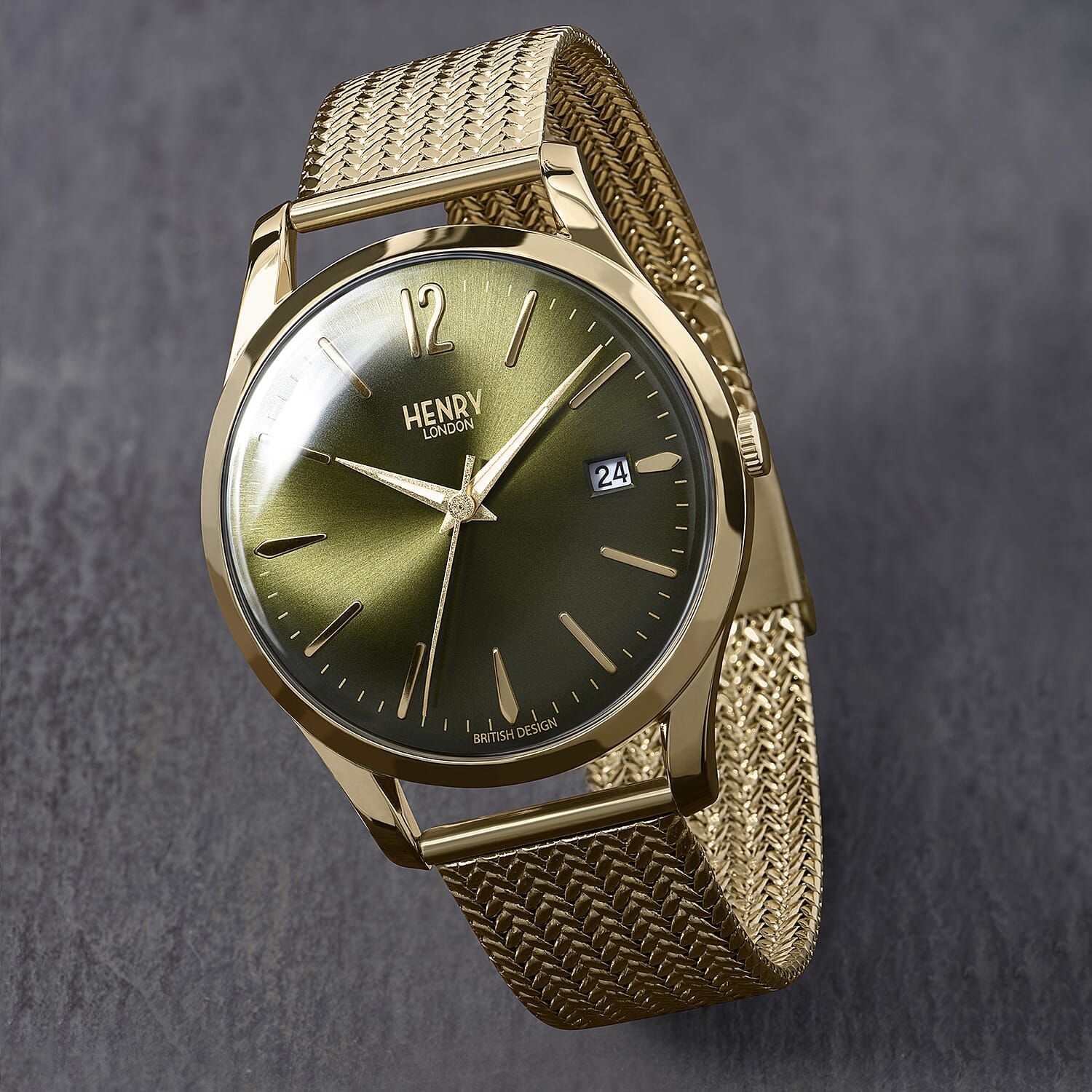 Henry London Chiswick Ladies Pale Hamilton Green Dial Mesh Bracelet Watch in Yellow Gold Tone