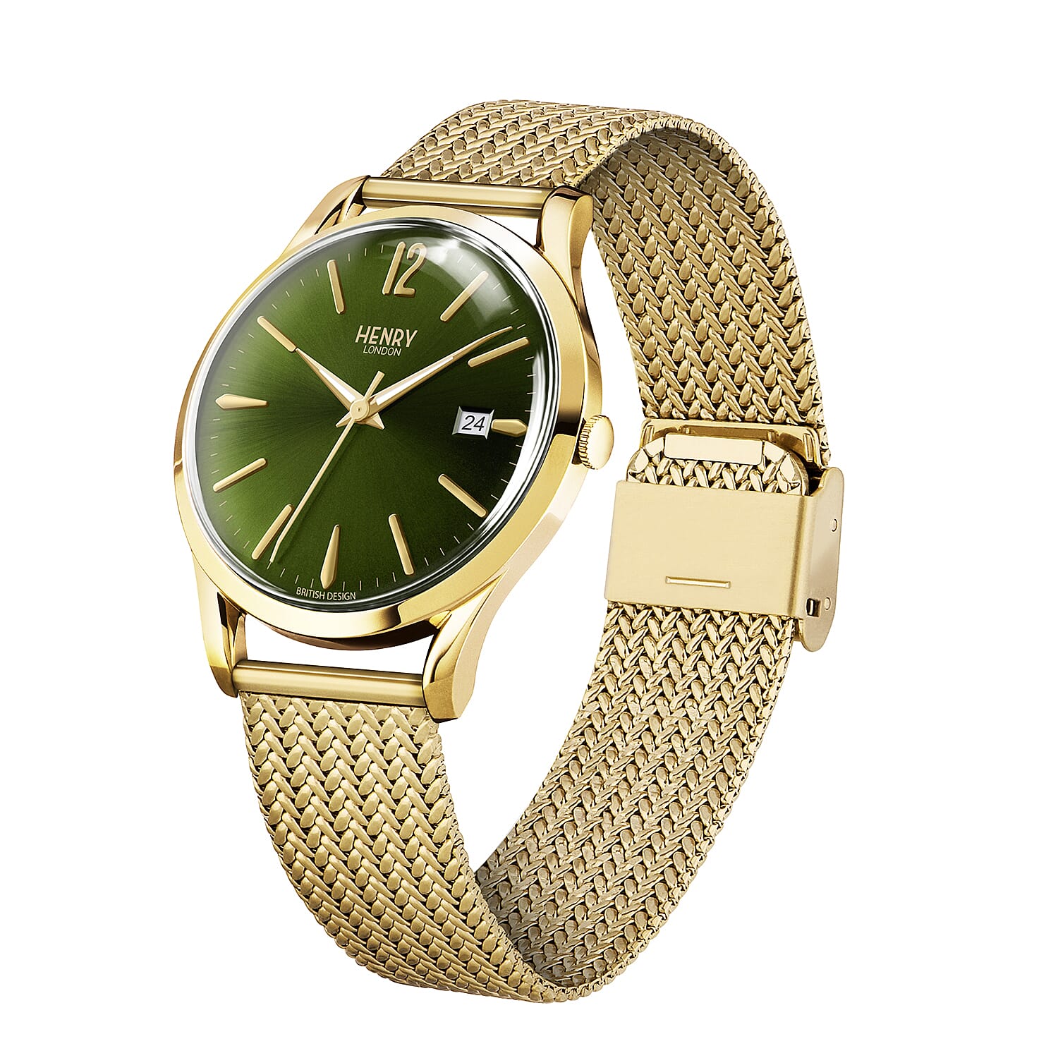 Henry London Chiswick Ladies Pale Hamilton Green Dial Mesh Bracelet Watch in Yellow Gold Tone