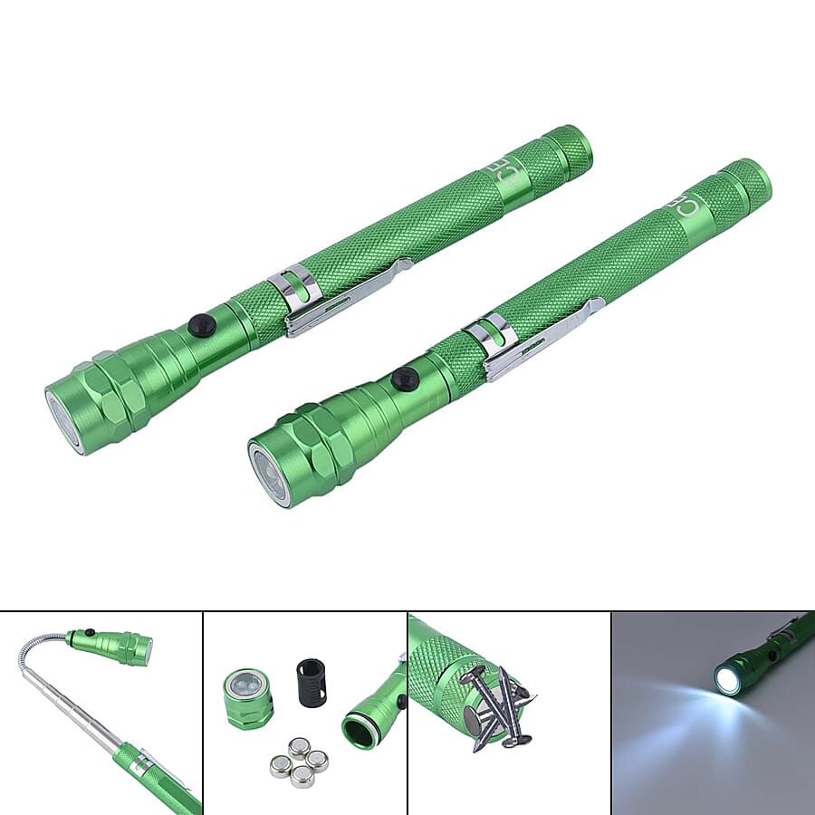 Set of 2 - 360 Degree Flexible Head 3 LED Magnetic Flashlight (Size 17x2.2 Cm) (4XLR44 Battery Included) - Green