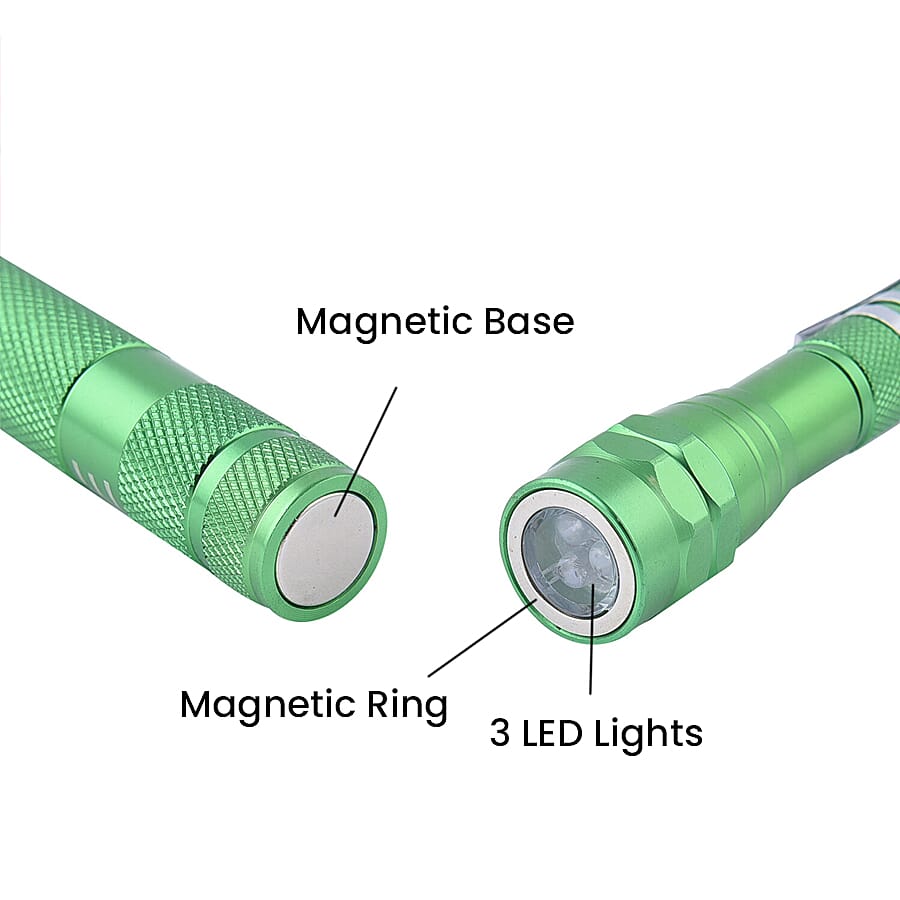 Set of 2 - 360 Degree Flexible Head 3 LED Magnetic Flashlight (Size 17x2.2 Cm) (4XLR44 Battery Included) - Green