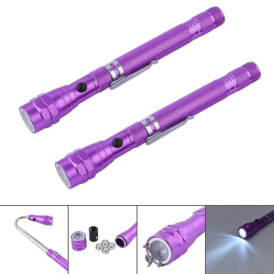 Set of 2 - 360 Degree Flexible Head 3 LED Magnetic Flashlight (Size 17x2.2 Cm) (4XLR44 Battery Included) - Purple