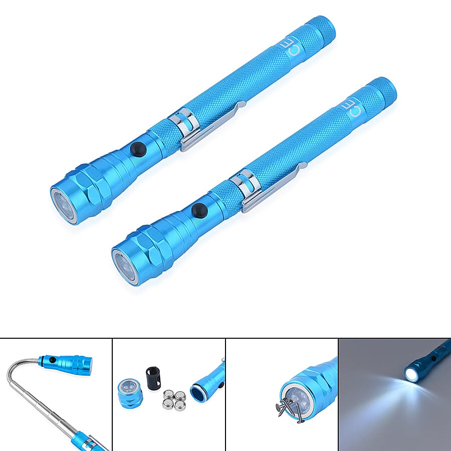 Set of 2 - 360 Degree Flexible Head 3 LED Magnetic Flashlight (Size 17x2.2 Cm) (4XLR44 Battery Included) - Cyan