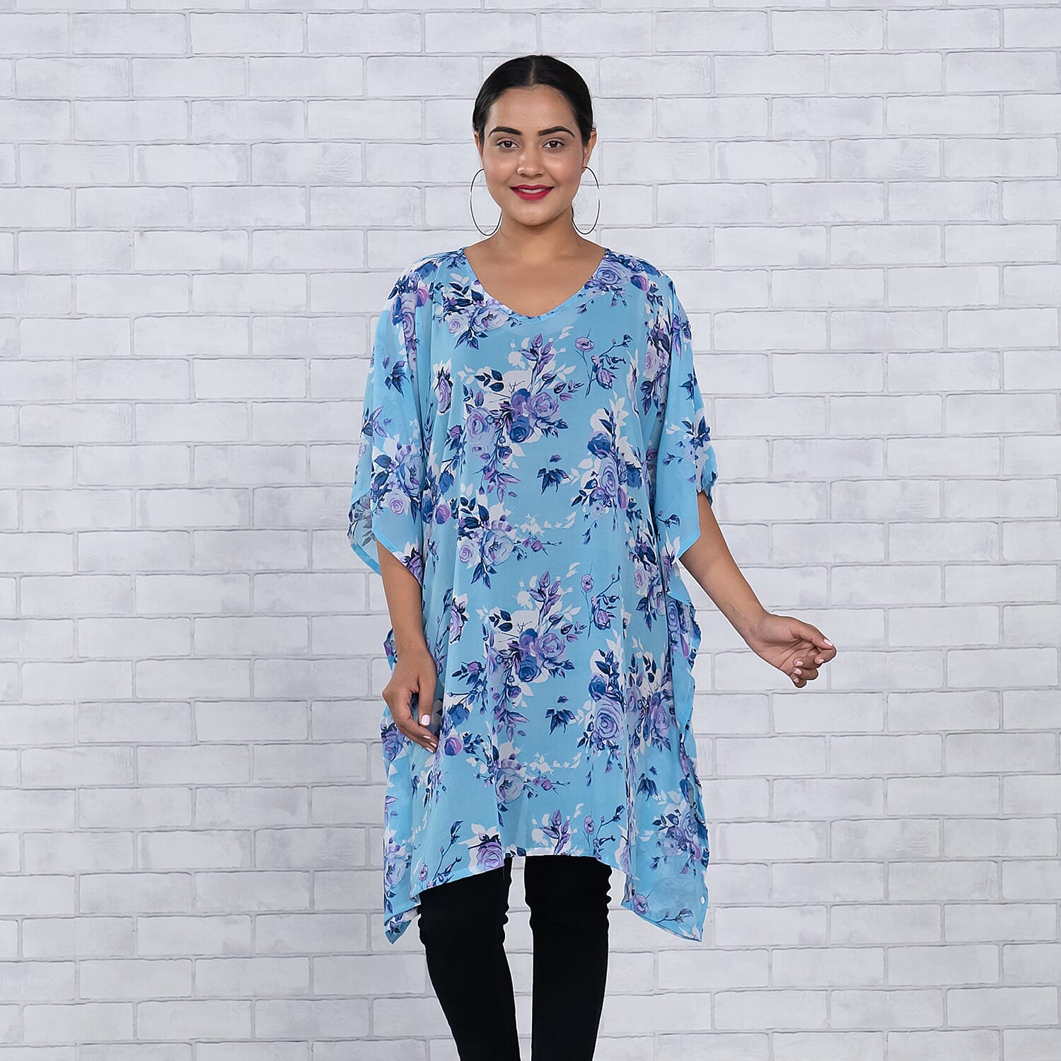 TAMSY Floral Printed Curve Top- Blue