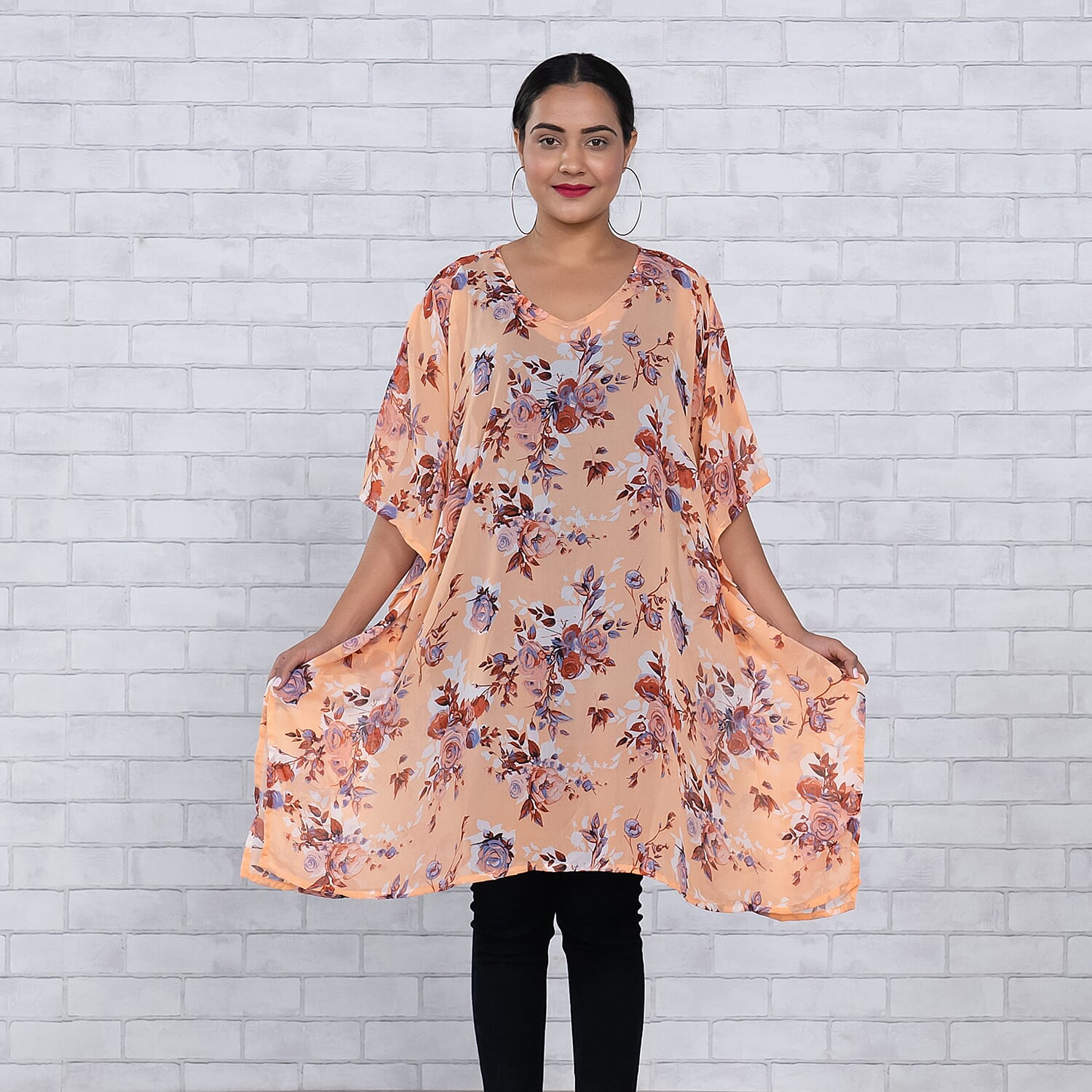 TAMSY Floral Printed Curve Top (One Size Fits Most 10-22) - Peach