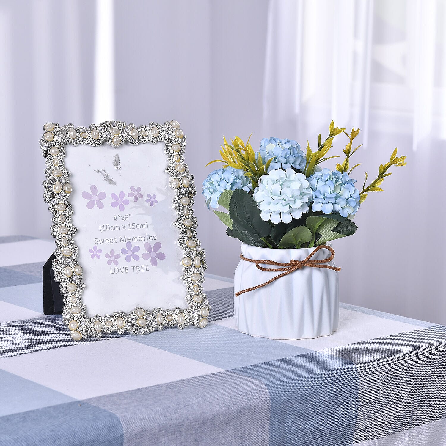 Carnation Faux Flower with Ceramic Basin (Size 15x8x8 cm) - Blue