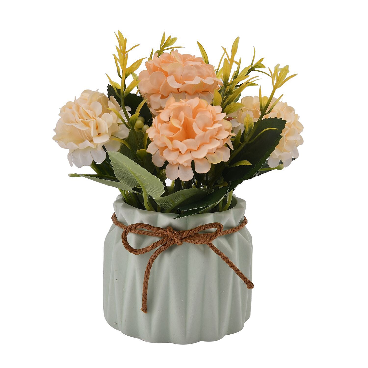 Carnation Faux Flower with Ceramic Basin (Size 15x8x8 cm) - Green and Beige