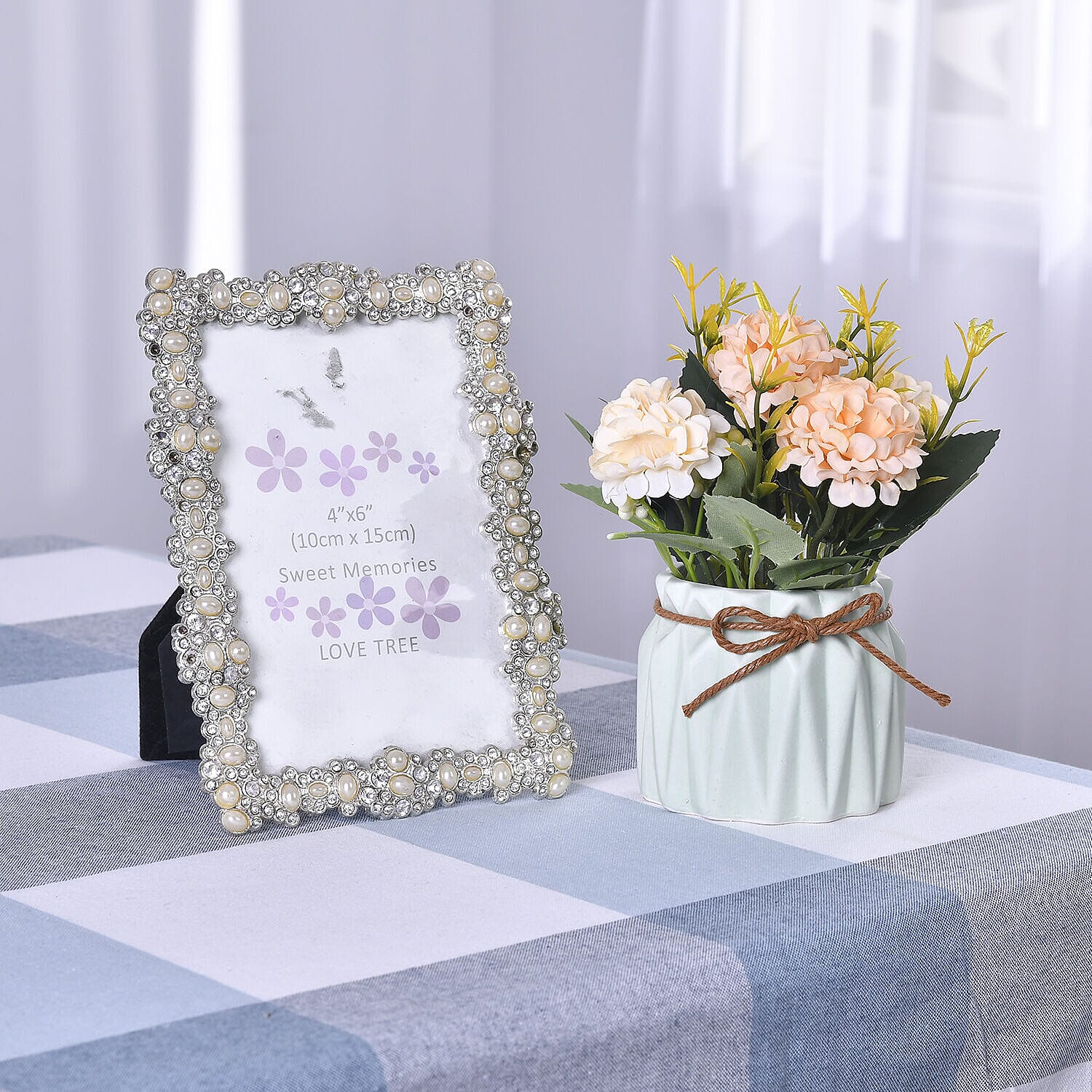 Carnation Faux Flower with Ceramic Basin (Size 15x8x8 cm) - Green and Beige