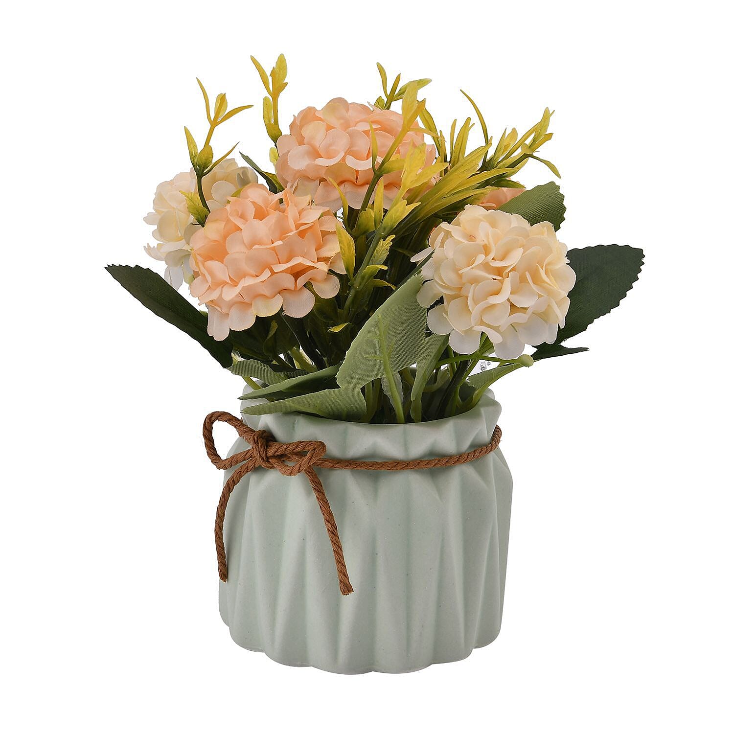 Carnation Faux Flower with Ceramic Basin (Size 15x8x8 cm) - Green and Beige