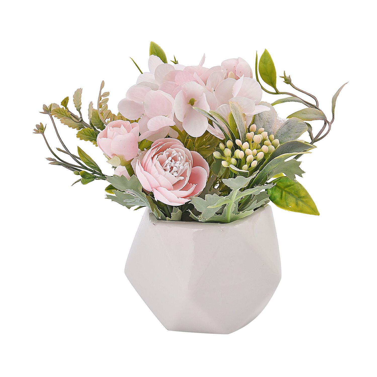 Carnation Faux Flower with Ceramic Basin (Size 15x9x9 cm) - Pink and White