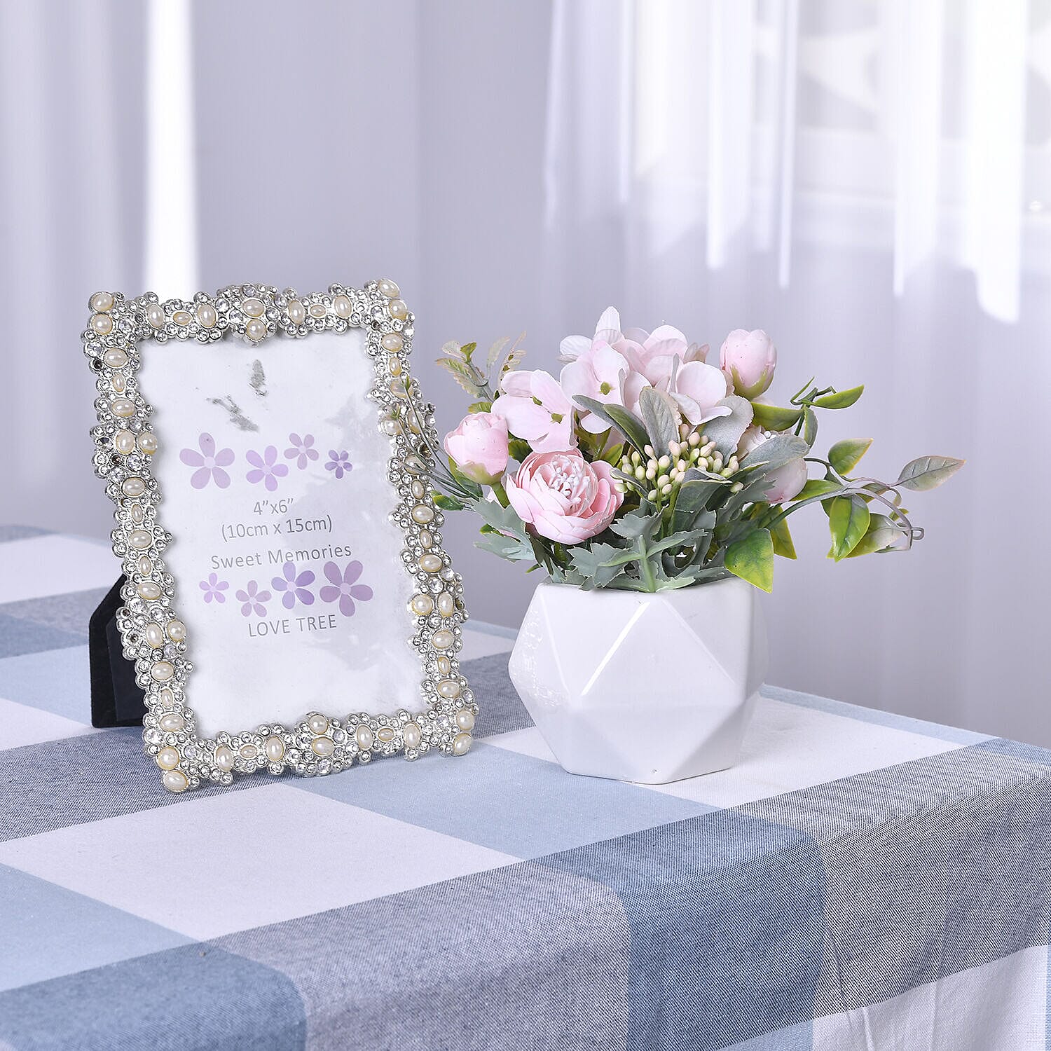 Carnation Faux Flower with Ceramic Basin (Size 15x9x9 cm) - Pink and White