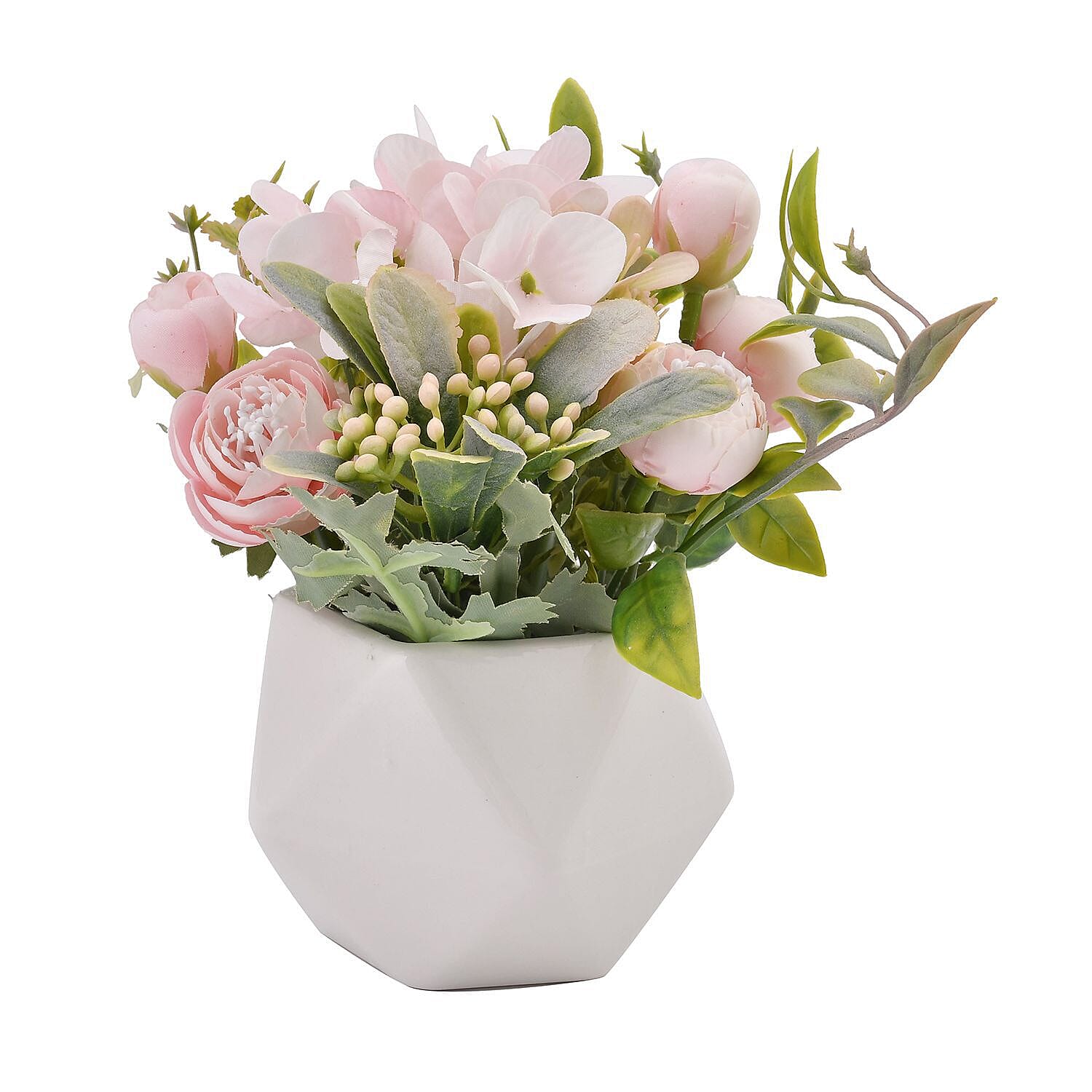 Carnation Faux Flower with Ceramic Basin (Size 15x9x9 cm) - Pink and White