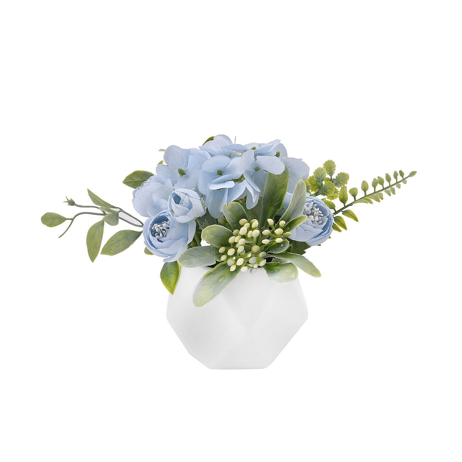 Carnation Faux Flower with Ceramic Basin (Size 15x9x9 cm) - Blue and White
