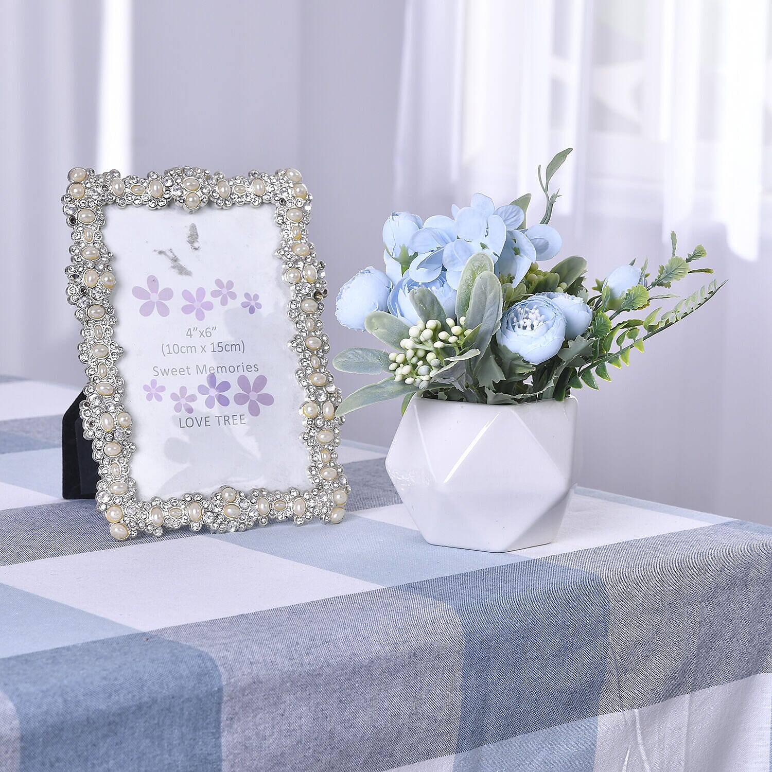 Carnation Faux Flower with Ceramic Basin (Size 15x9x9 cm) - Blue and White