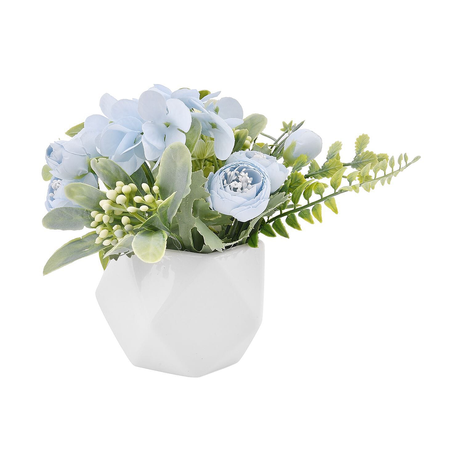 Carnation Faux Flower with Ceramic Basin (Size 15x9x9 cm) - Blue and White