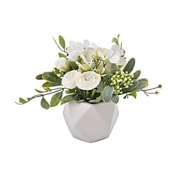 Carnation Faux Flower with Ceramic Basin (Size 15x9x9 cm) - Pink and White