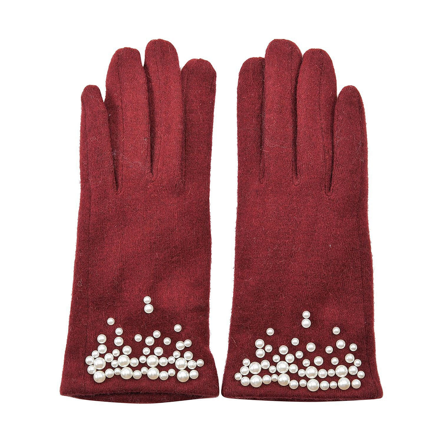 Cashmere Gloves with Faux Pearl Embellishment (Size 23x9 cm) -Burgundy