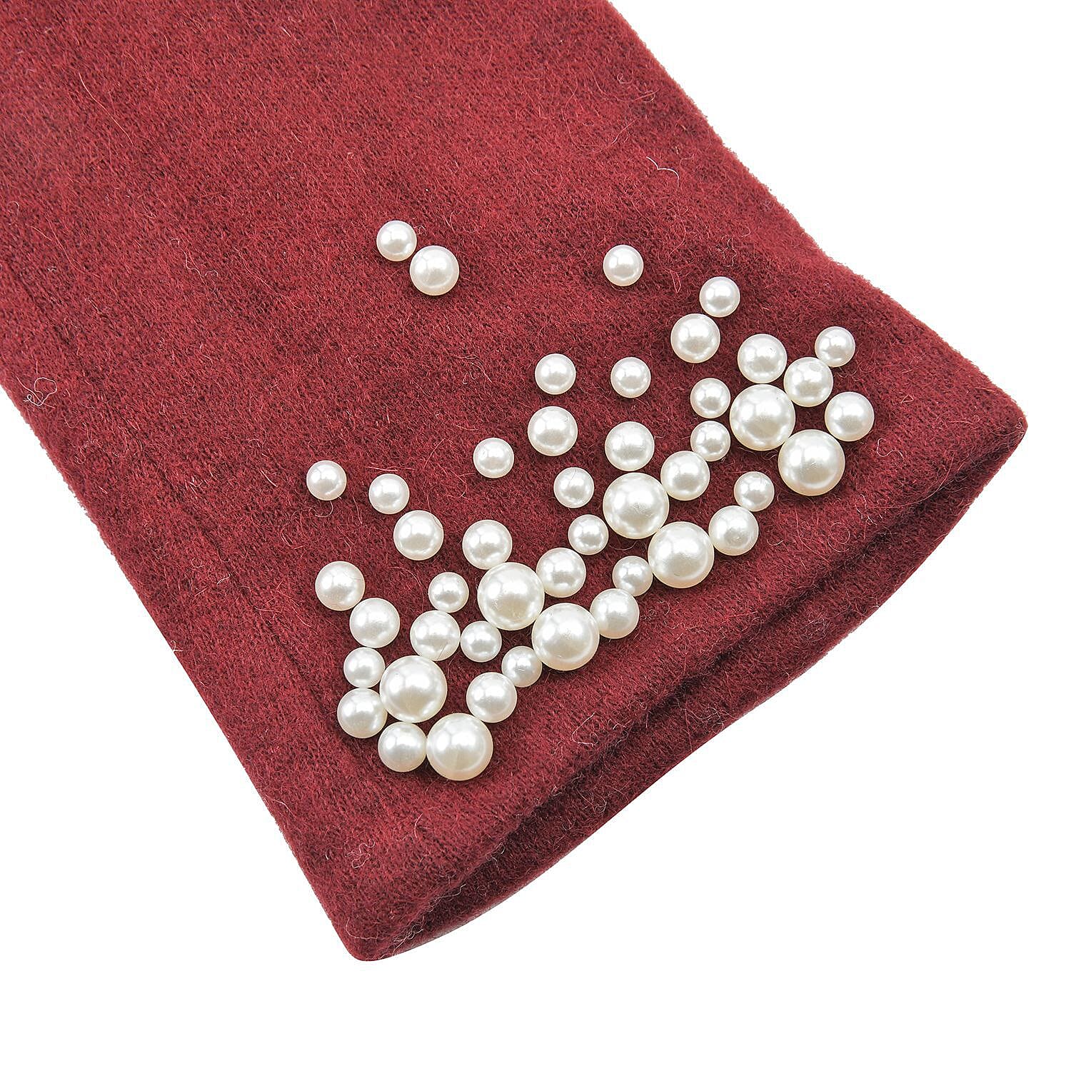 Cashmere Gloves with Faux Pearl Embellishment (Size 23x9 cm) -Burgundy