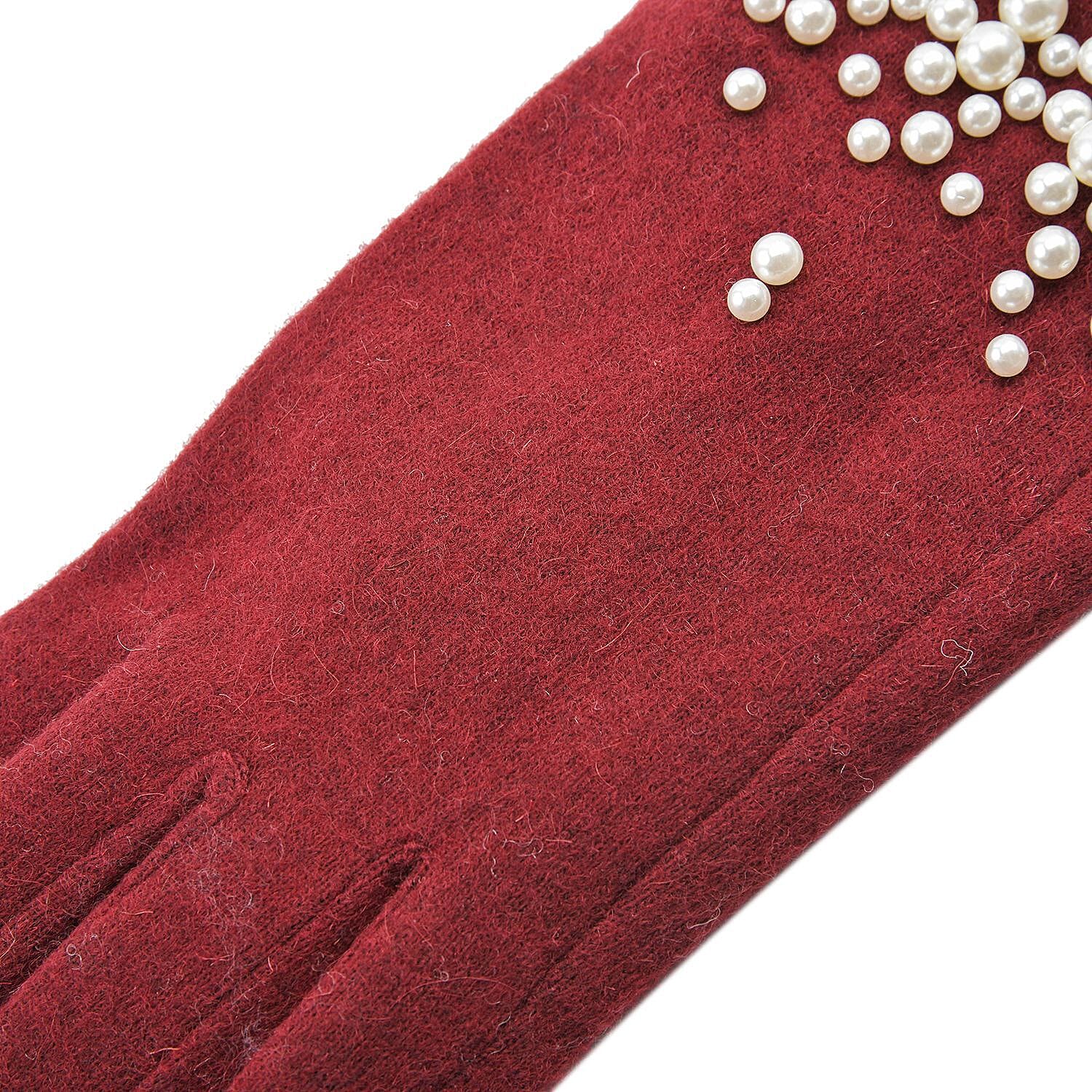 Cashmere Gloves with Faux Pearl Embellishment (Size 23x9 cm) -Burgundy