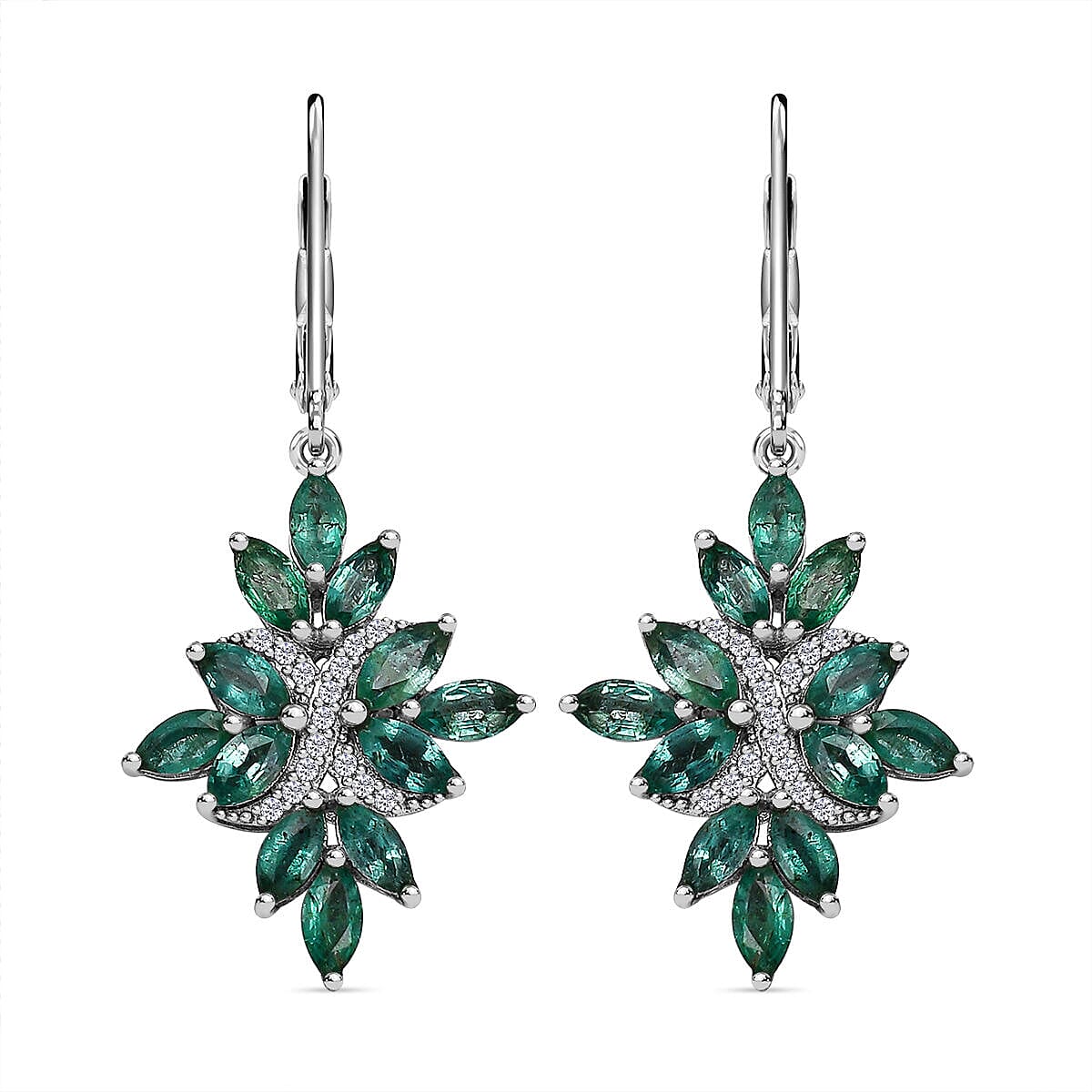 AAA Gemfields Emerald and Natural Zircon Floral Earrings in Rhodium Overlay Sterling Silver 3.30 Ct.