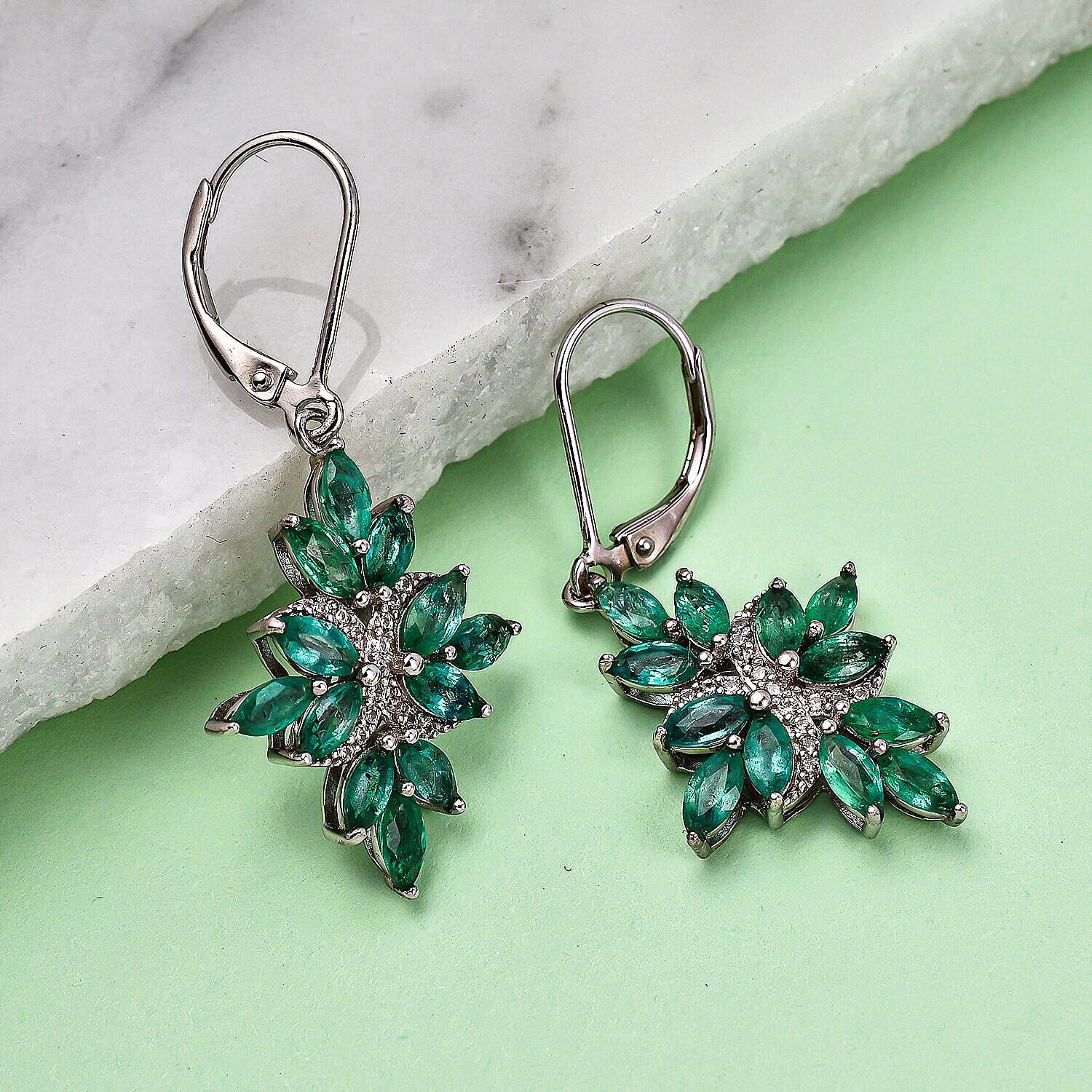 AAA Gemfields Emerald and Natural Zircon Floral Earrings in Rhodium Overlay Sterling Silver 3.30 Ct.