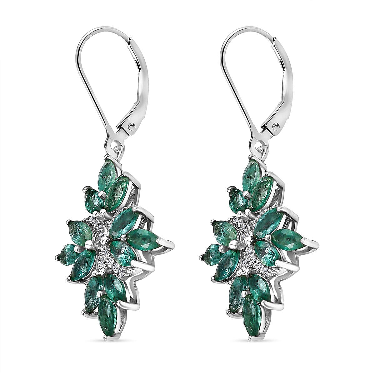 AAA Gemfields Emerald and Natural Zircon Floral Earrings in Rhodium Overlay Sterling Silver 3.30 Ct.