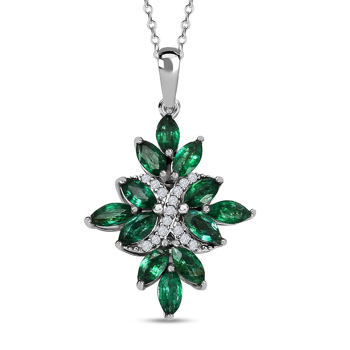 AAA Gemfields Emerald and Natural Zircon Floral Pendant in Rhodium Overlay Sterling Silver 1.62 Ct.
