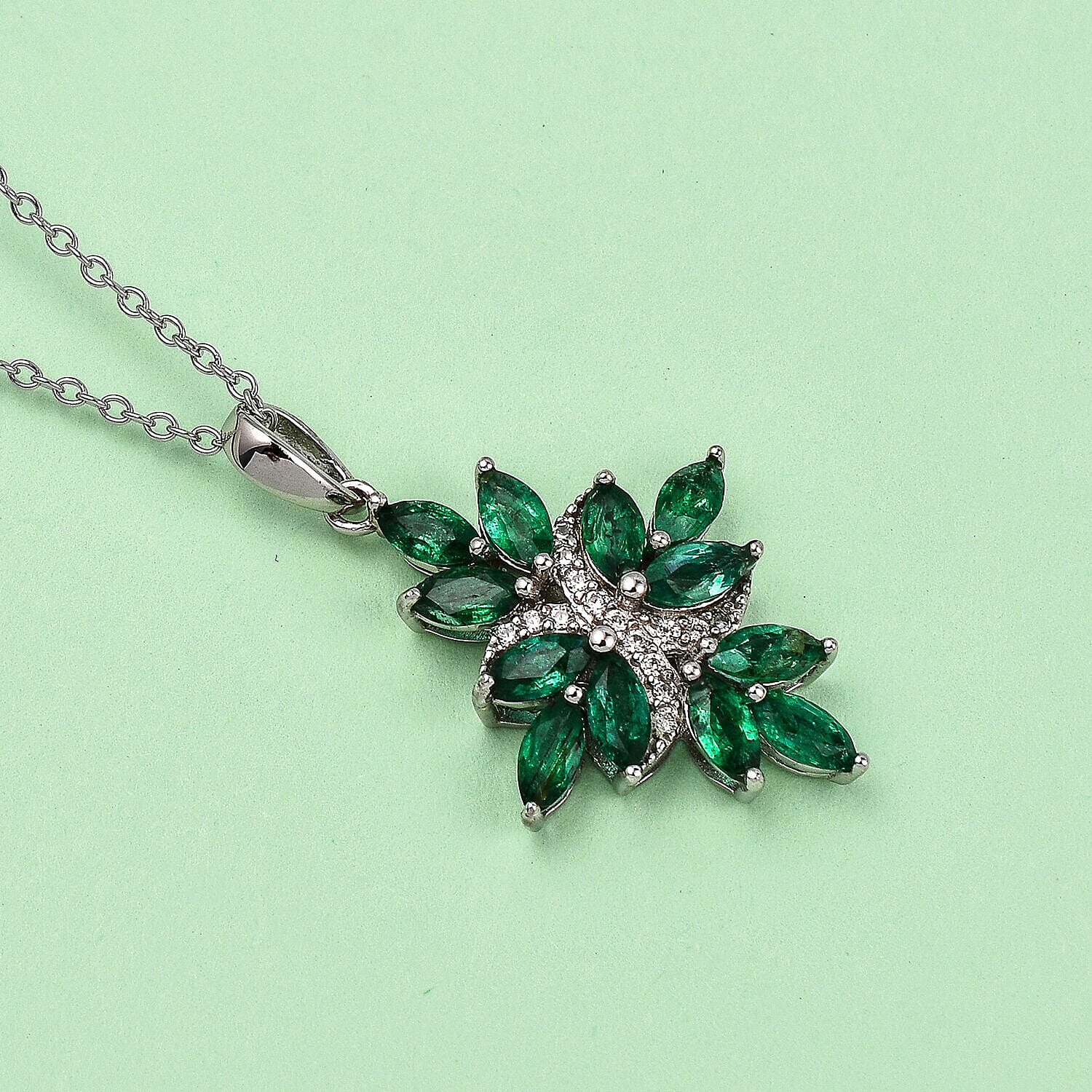 AAA Gemfields Emerald and Natural Zircon Floral Pendant in Rhodium Overlay Sterling Silver 1.62 Ct.