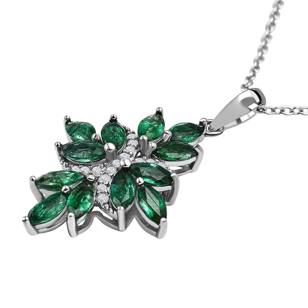 AAA Gemfields Emerald and Natural Zircon Floral Pendant in Rhodium Overlay Sterling Silver 1.62 Ct.