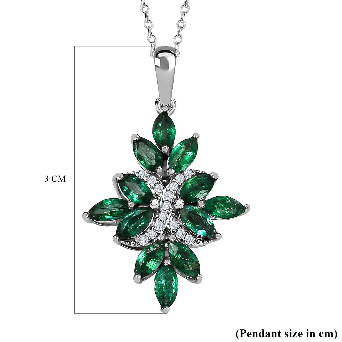 AAA Gemfields Emerald and Natural Zircon Floral Pendant in Rhodium Overlay Sterling Silver 1.62 Ct.