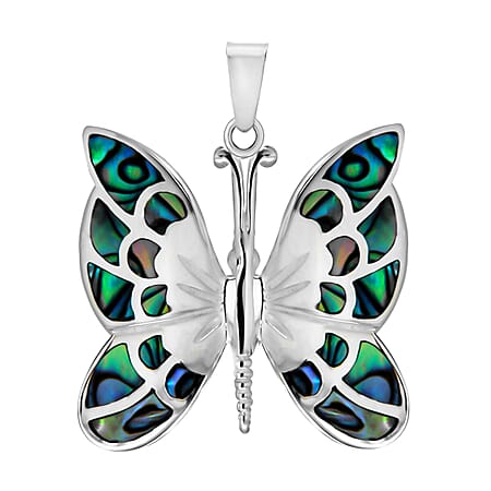 Sterling Silver Paua Shell 30mm x 36mm Butterfly Pendant