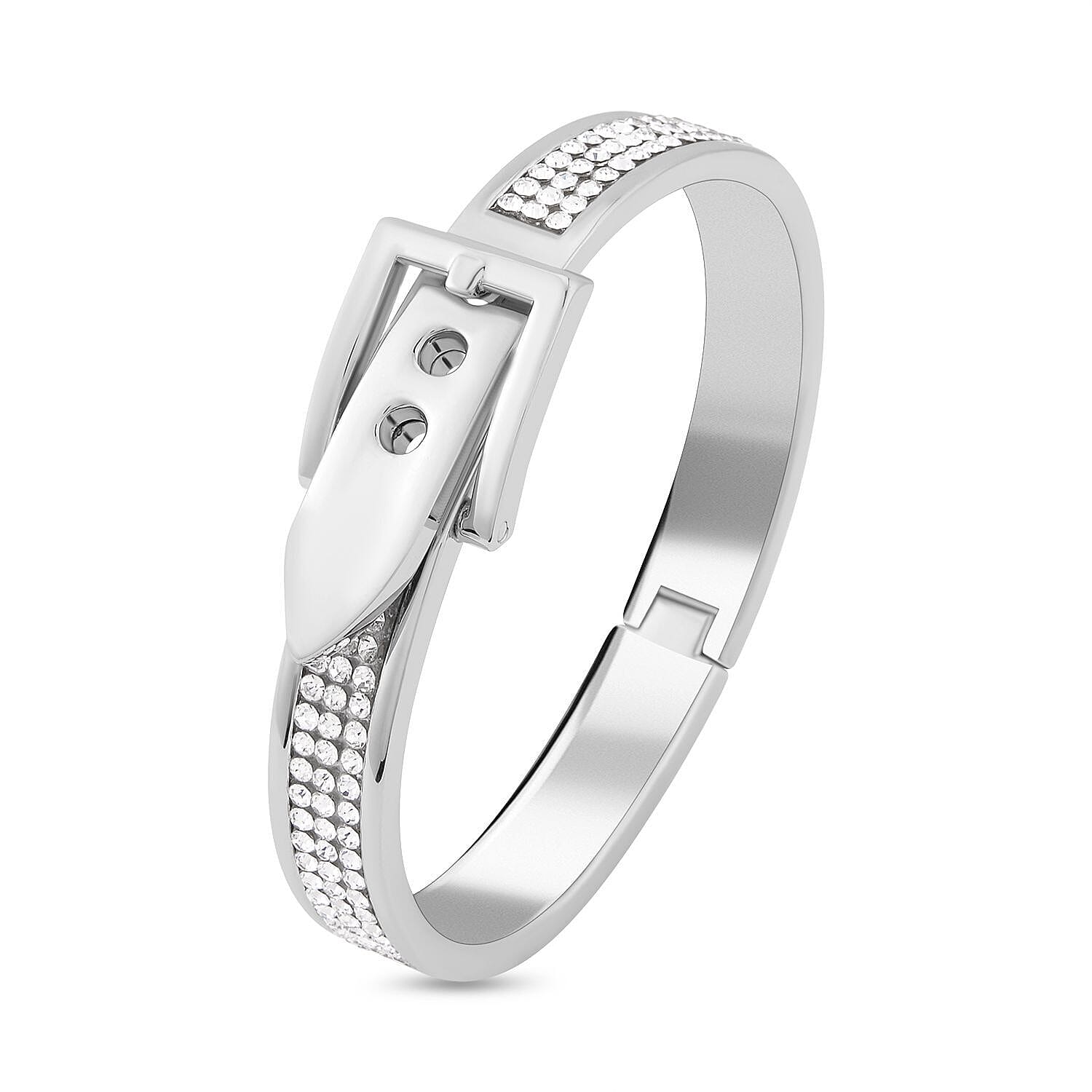 White Austrian Buckle Bangle (Size - 7.0) in Silver Tone