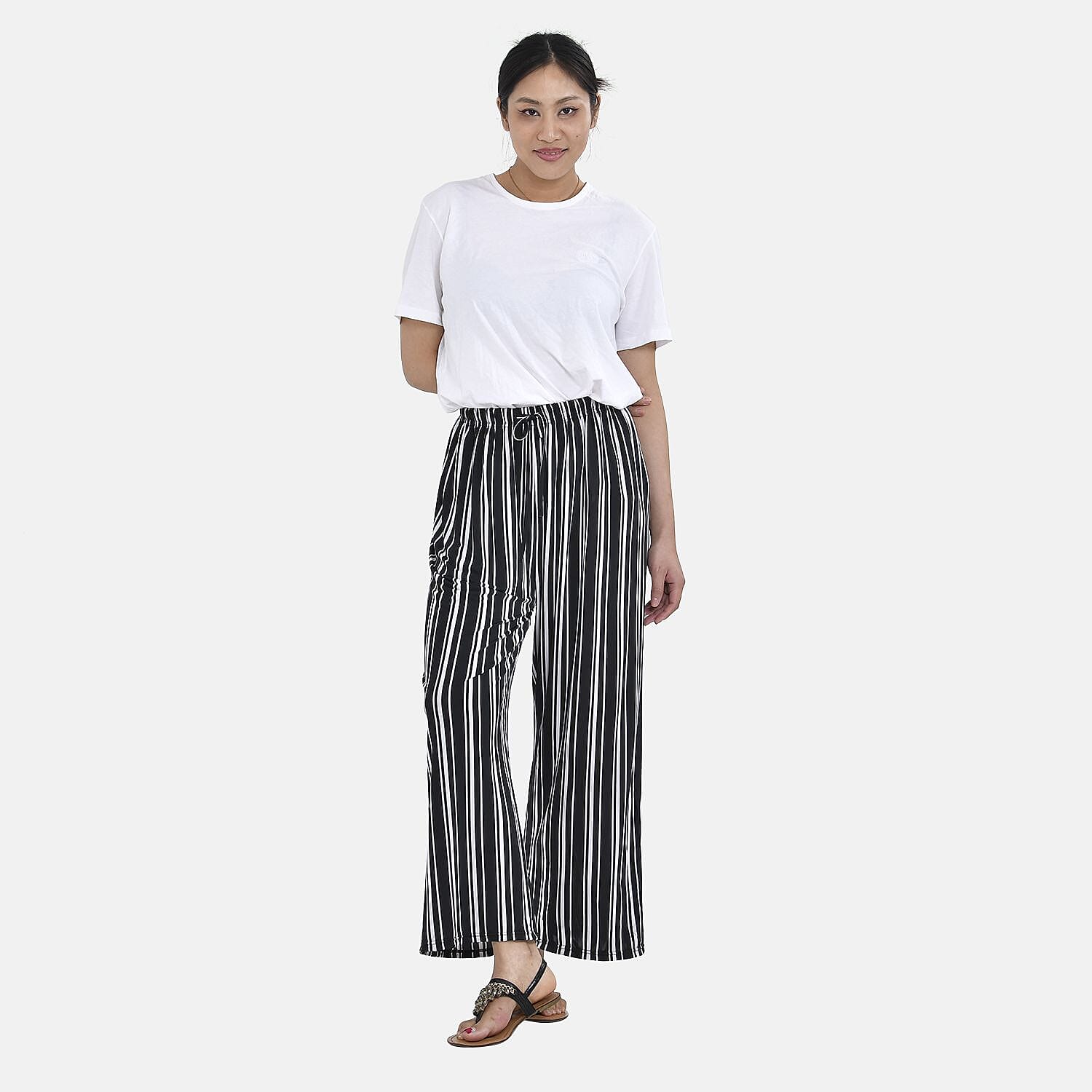TAMSY Jersey Stretchable Trousers in Stripe Pattern (One Size 8-16) - Black & White