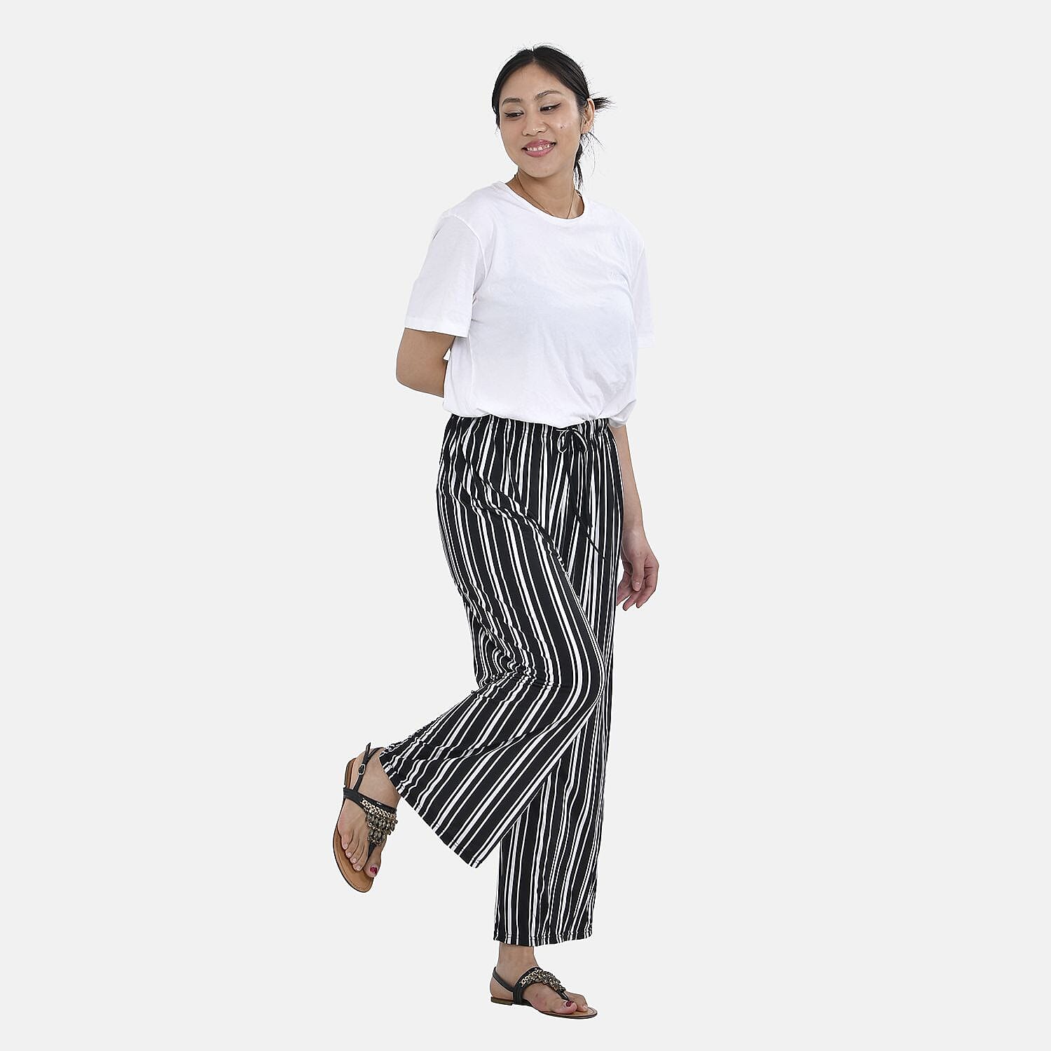 TAMSY Jersey Stretchable Trousers in Stripe Pattern (One Size 8-16) - Black & White