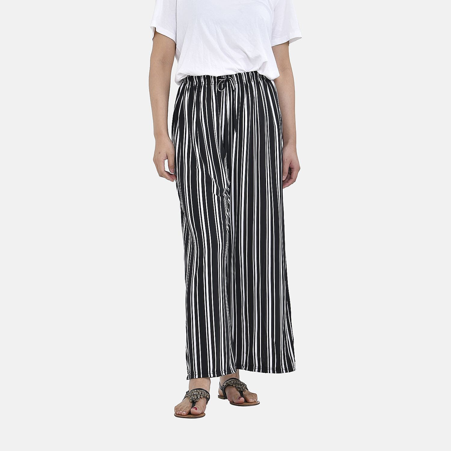TAMSY Jersey Stretchable Trousers in Stripe Pattern (One Size 8-16) - Black & White