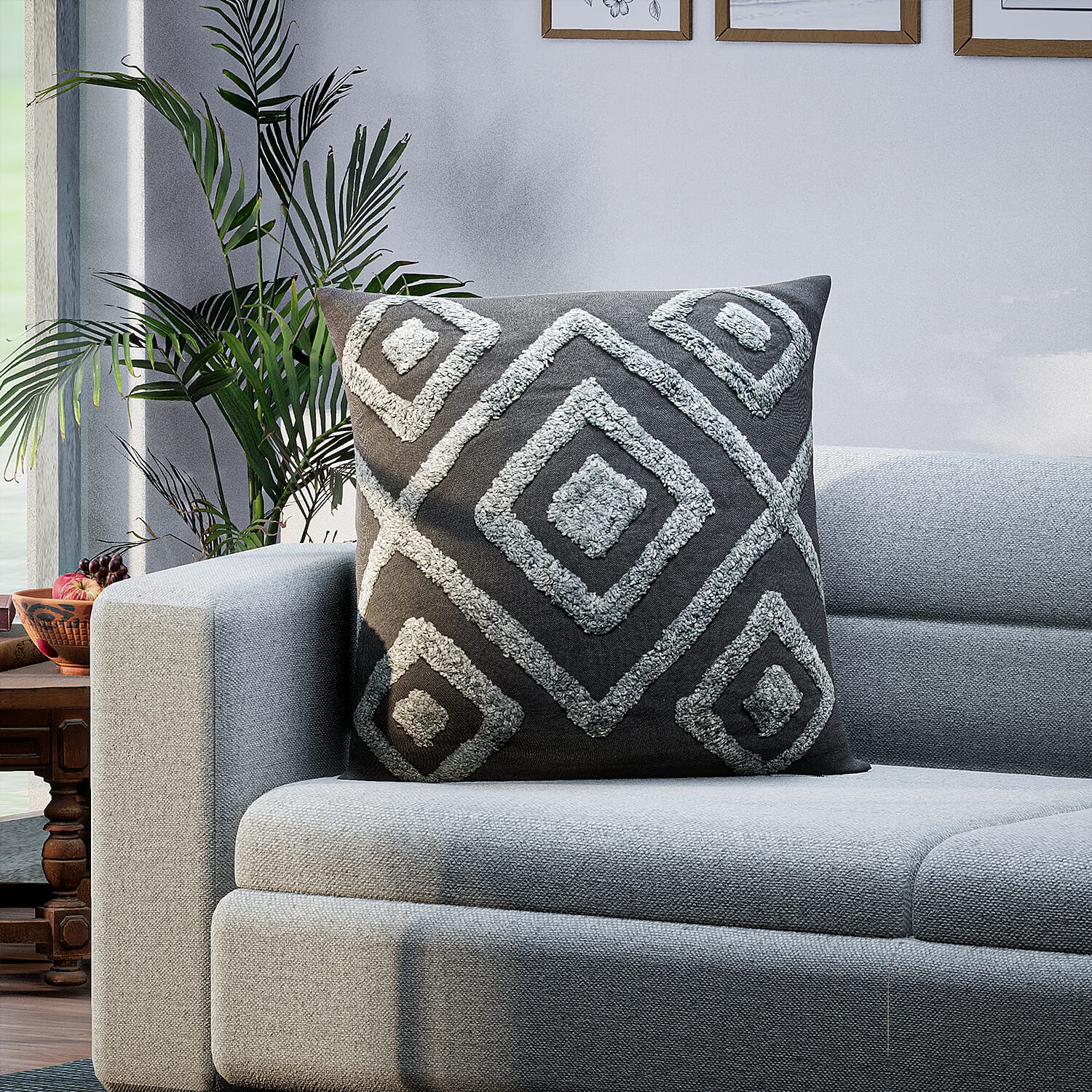 Set of 2 - 100% Cotton Cushion Cover with Tufting Work - Grey