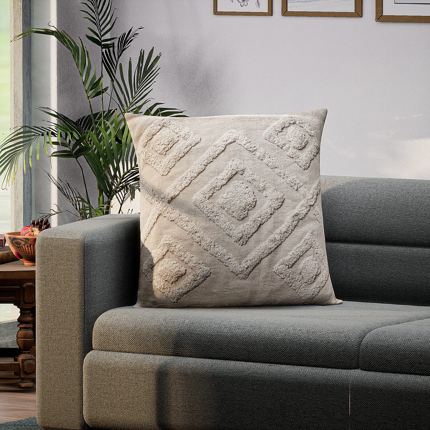 Set of 2 - 100% Cotton Cushion Cover with Tufting Work - Cream