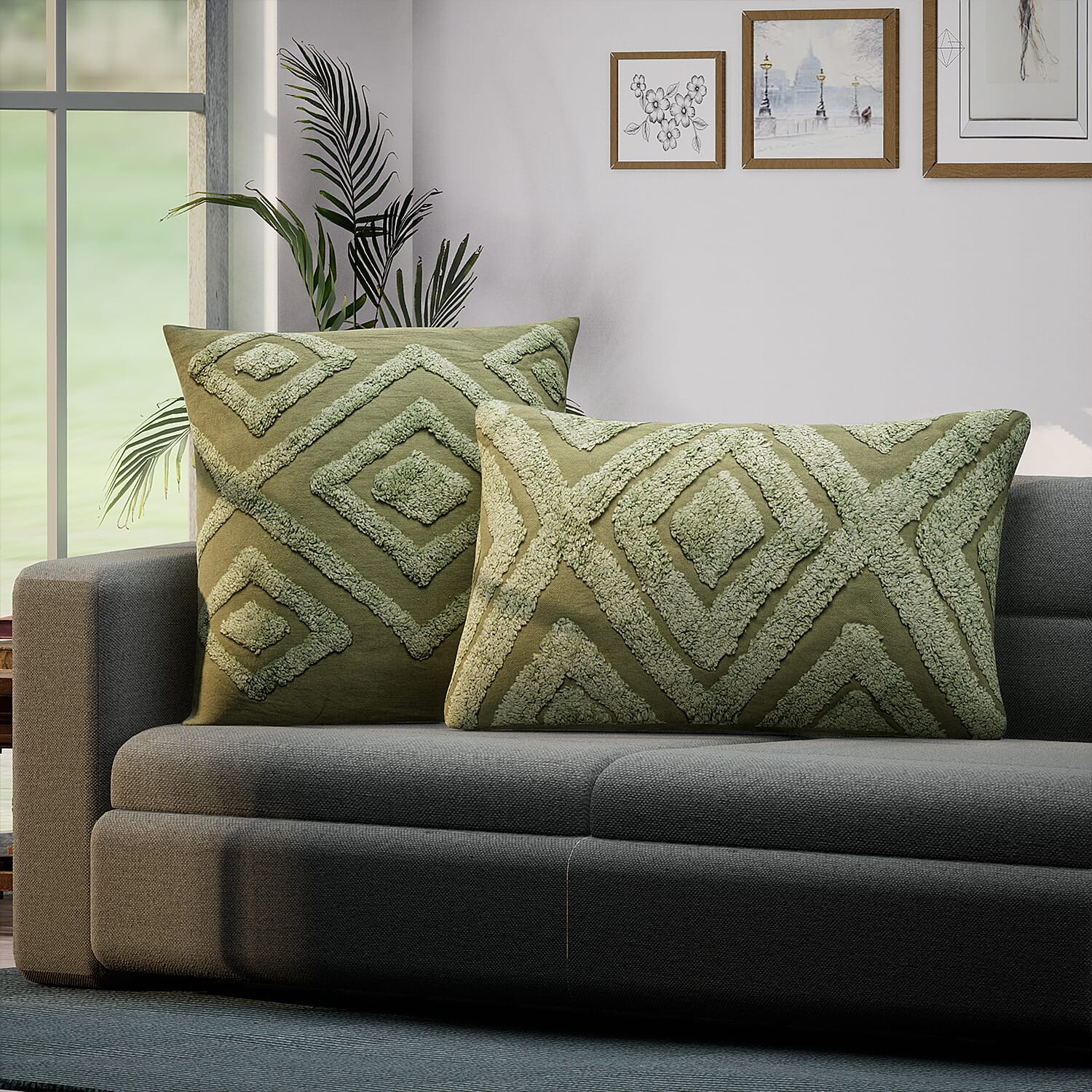 Set of 2 - 100% Cotton Cushion Cover with Tufting Work - Green