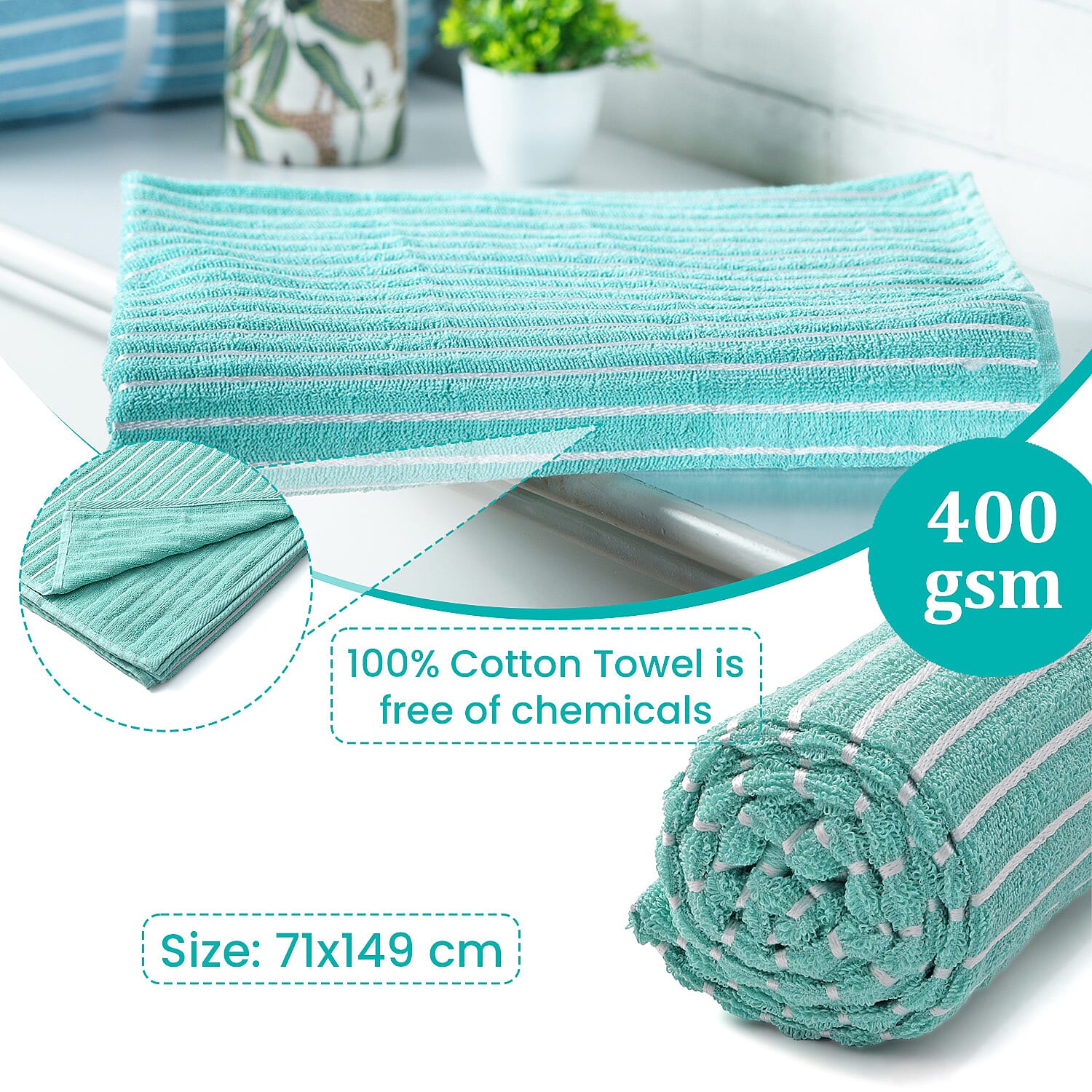 100% Cotton Ribbed Patterned Bath Towel (Size 145x71 cm) - Green