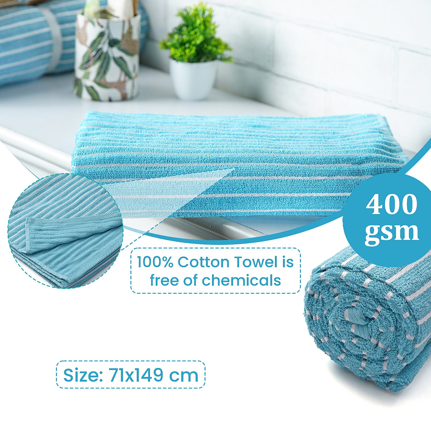 Cotton Patterned Bath Towel (Size 76x152 cm) - Blue