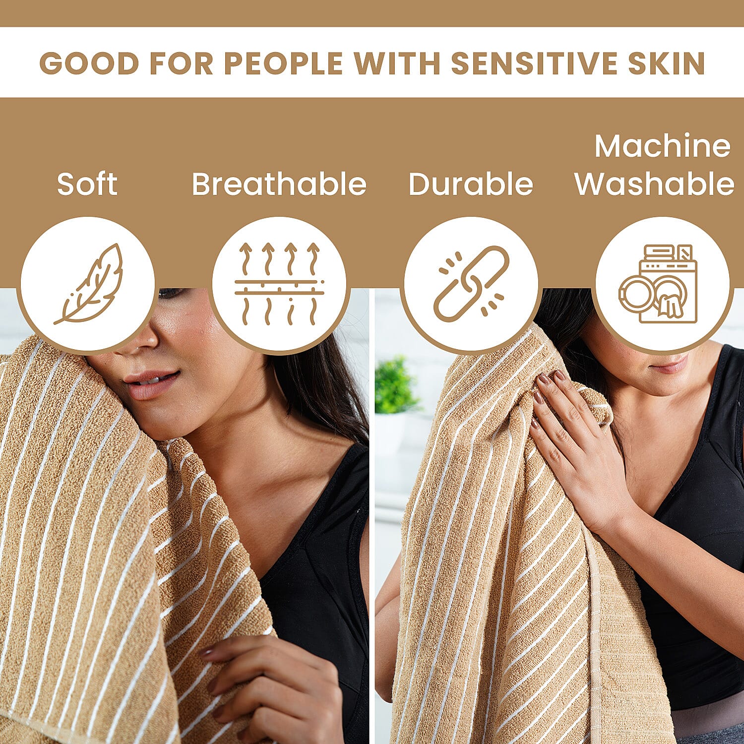 100% Cotton Ribbed Patterned Bath Towel (Size 145x71 cm) - Brown