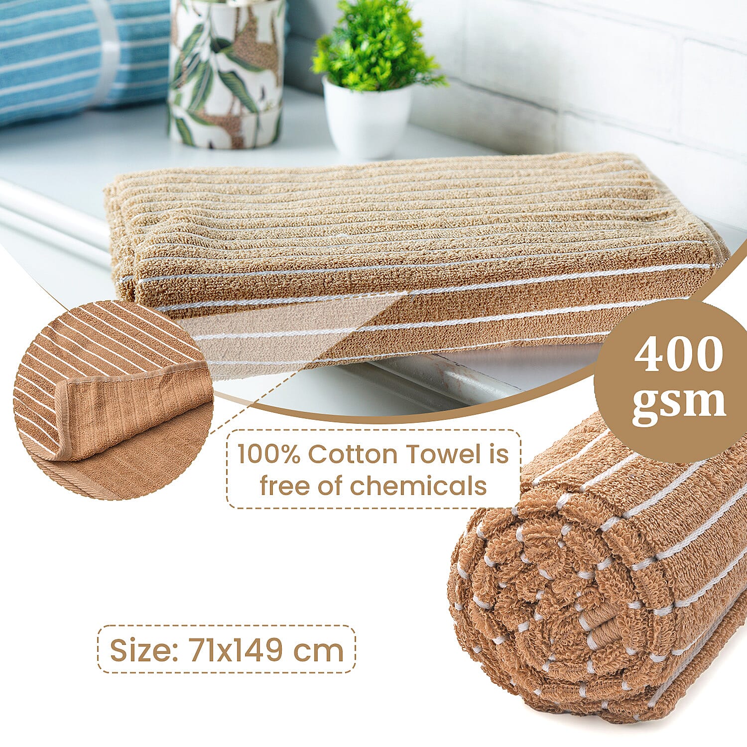 100% Cotton Ribbed Patterned Bath Towel (Size 145x71 cm) - Brown