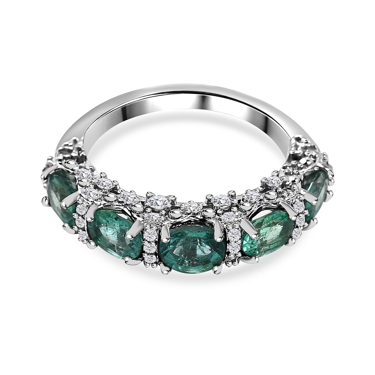 AAA Gemfields Emerald and Natural Zircon Half Eternity Ring in Rhodium Overlay Sterling Silver 2.13 Ct.