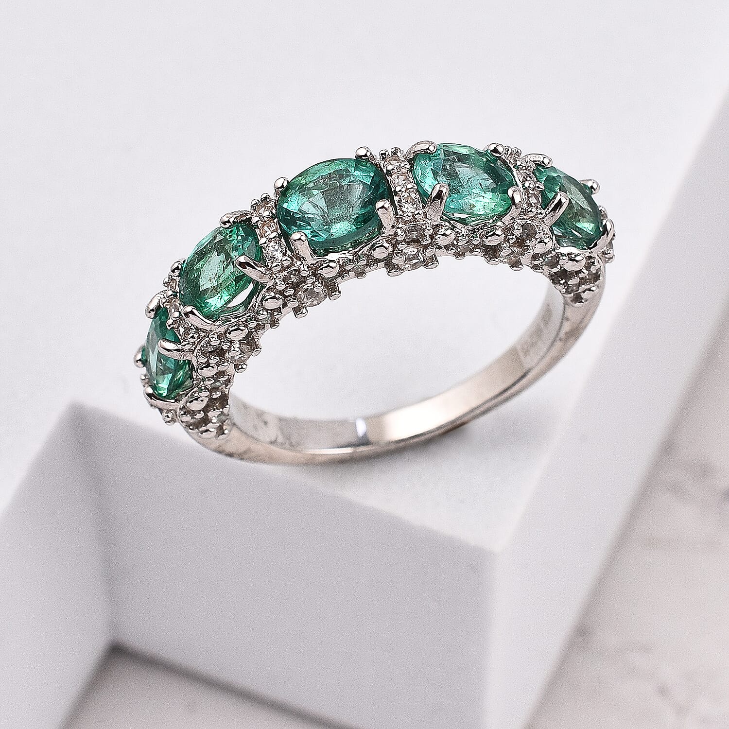 AAA Gemfields Emerald and Natural Zircon Half Eternity Ring in Rhodium Overlay Sterling Silver 2.13 Ct.