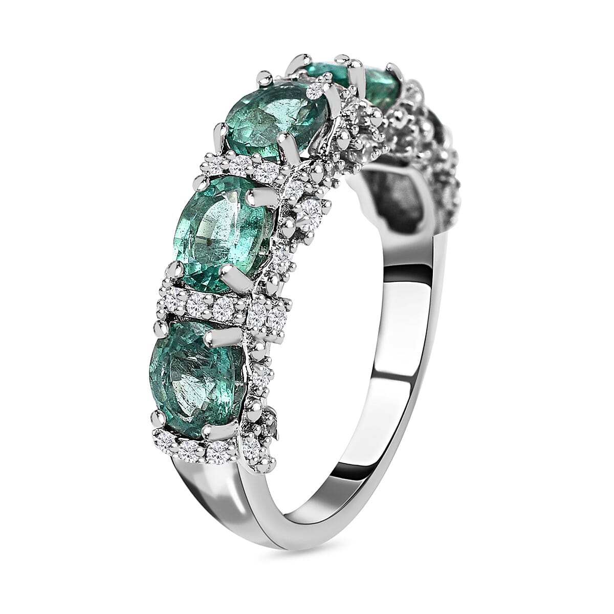 AAA Gemfields Emerald and Natural Zircon Half Eternity Ring in Rhodium Overlay Sterling Silver 2.13 Ct.