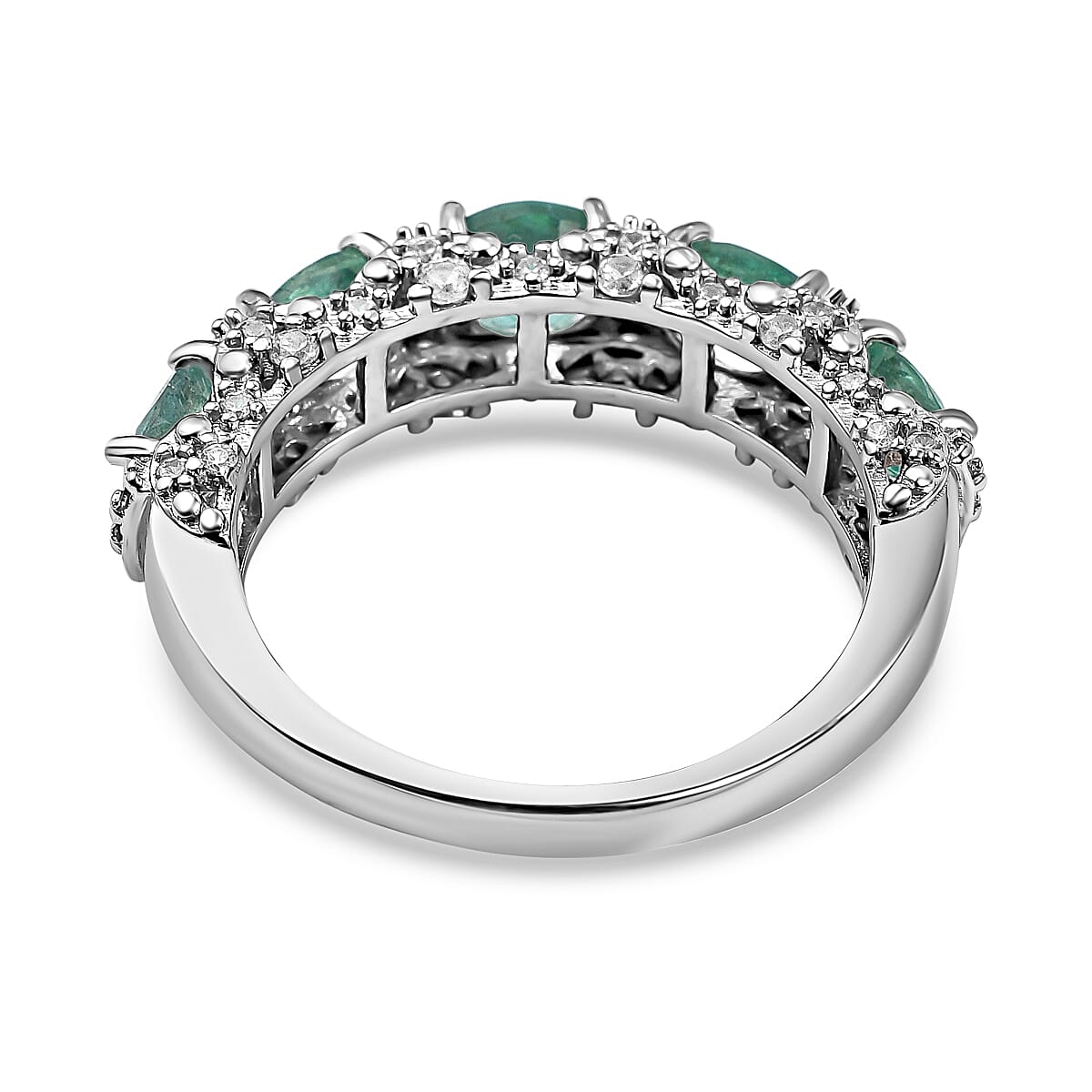AAA Gemfields Emerald and Natural Zircon Half Eternity Ring in Rhodium Overlay Sterling Silver 2.13 Ct.