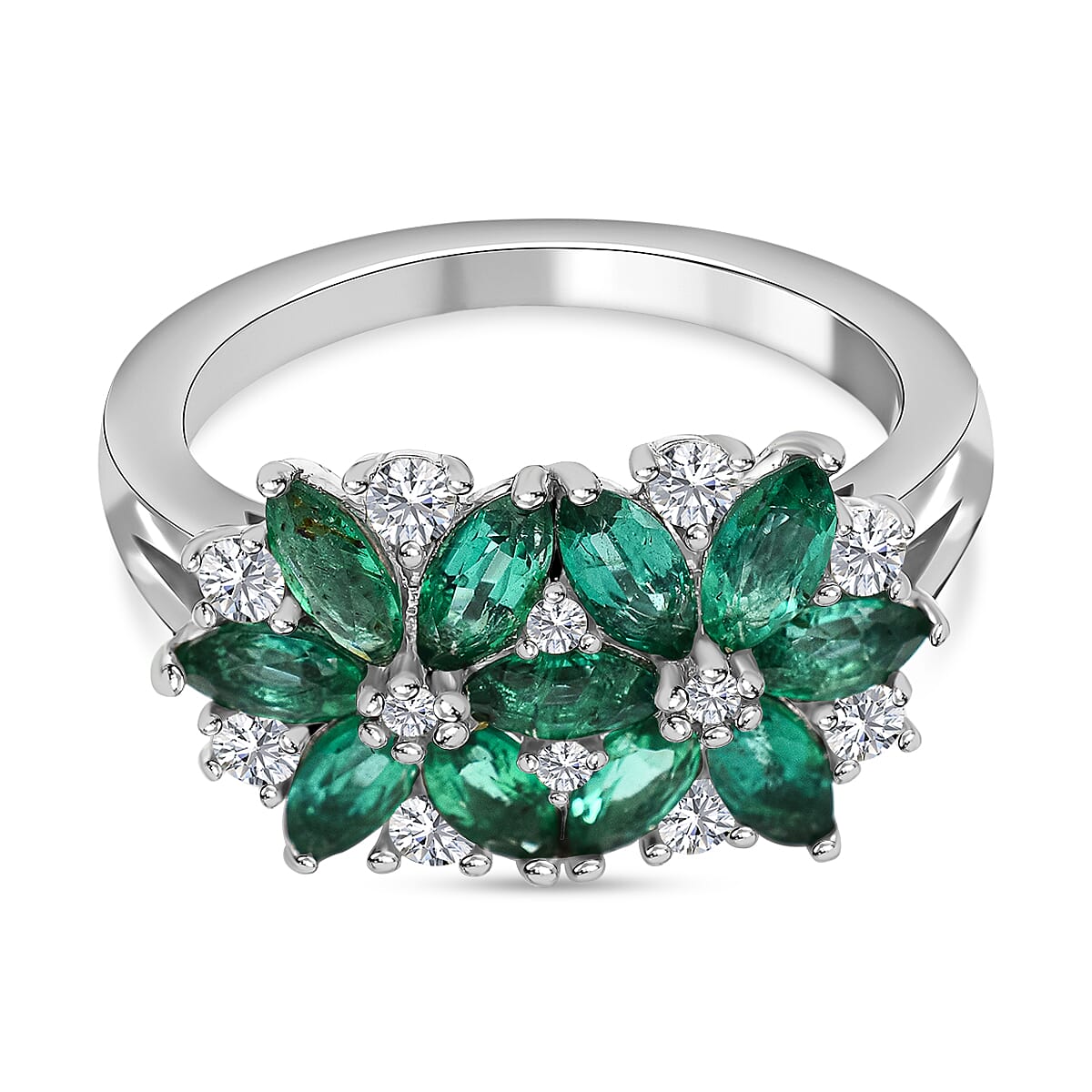 AAA Gemfields Emerald and Natural Cambodian Zircon Cluster Ring in Rhodium Overlay Sterling Silver 1.92 Ct.