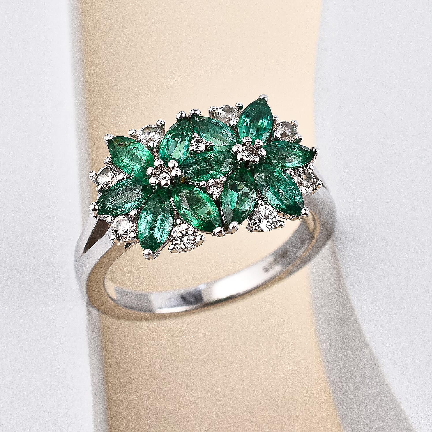 AAA Gemfields Emerald and Natural Cambodian Zircon Cluster Ring in Rhodium Overlay Sterling Silver 1.92 Ct.